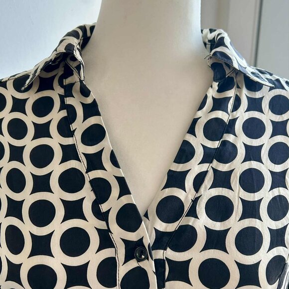 Vintage Josef Black & Ivory Pure Silk Geometric Print Button-Front Blouse – US 6 - Picture 6 of 9